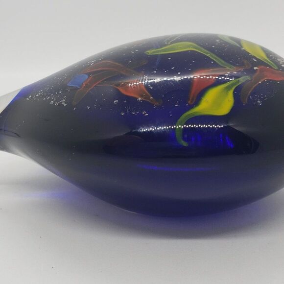 Heart Shaped Cobalt Blue Red Yellow Green Infused Swirls Art Glass Paperweight - Picture 6 of 6